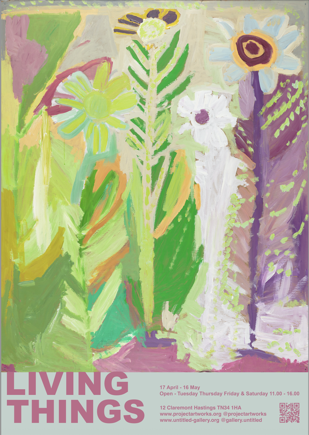 A poster for the exhibition Living Things. A abstract painting off flowers in greens and purple by Will Shepherd. The text reads Living Things.